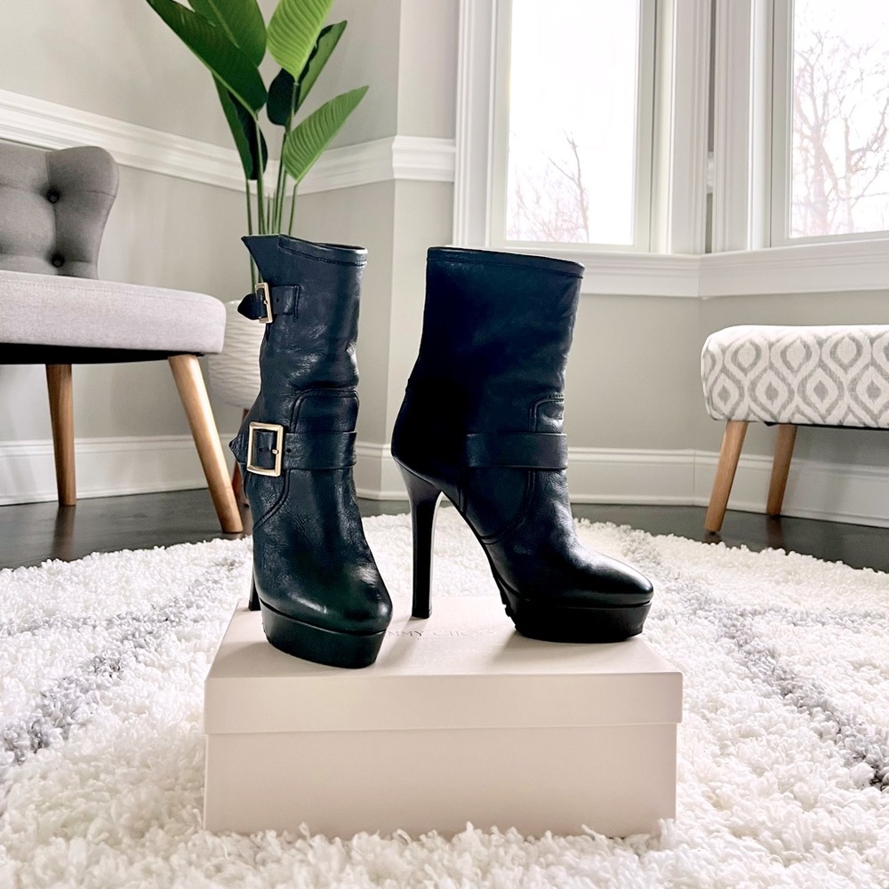 JIMMY CHOO Dylan Semi Pointed Toe Mid-Calf Fur Lined Boots in Black Leather 36💕